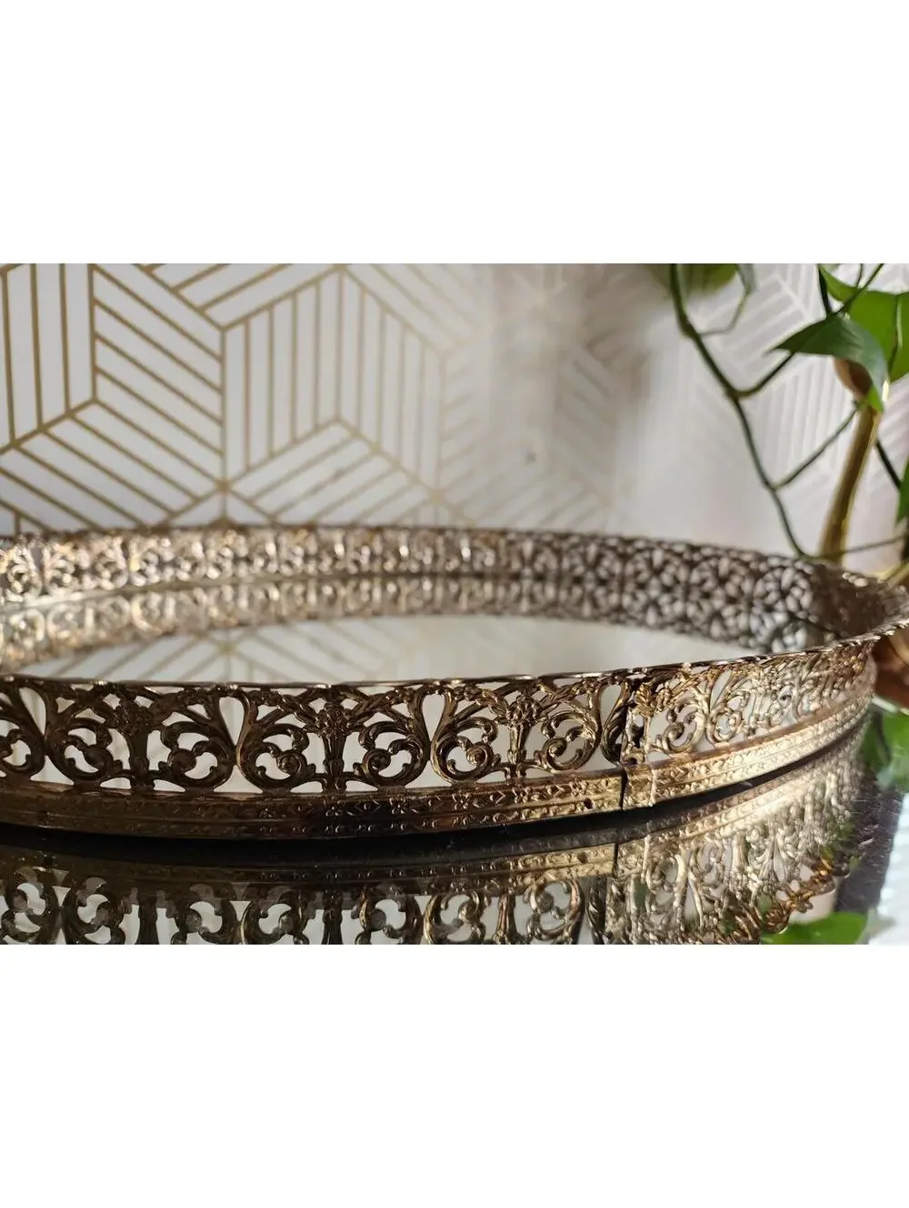 Large Hollywood Regency Style Brass Filigree & Glass Mirror Oval Vanity Tray